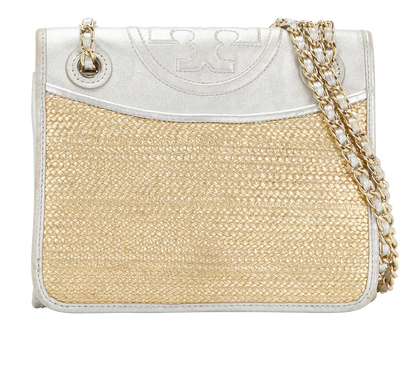 Flap Shoulder Bag, &pound;90, Handbags, Beige/Silver, Raffia, Front view